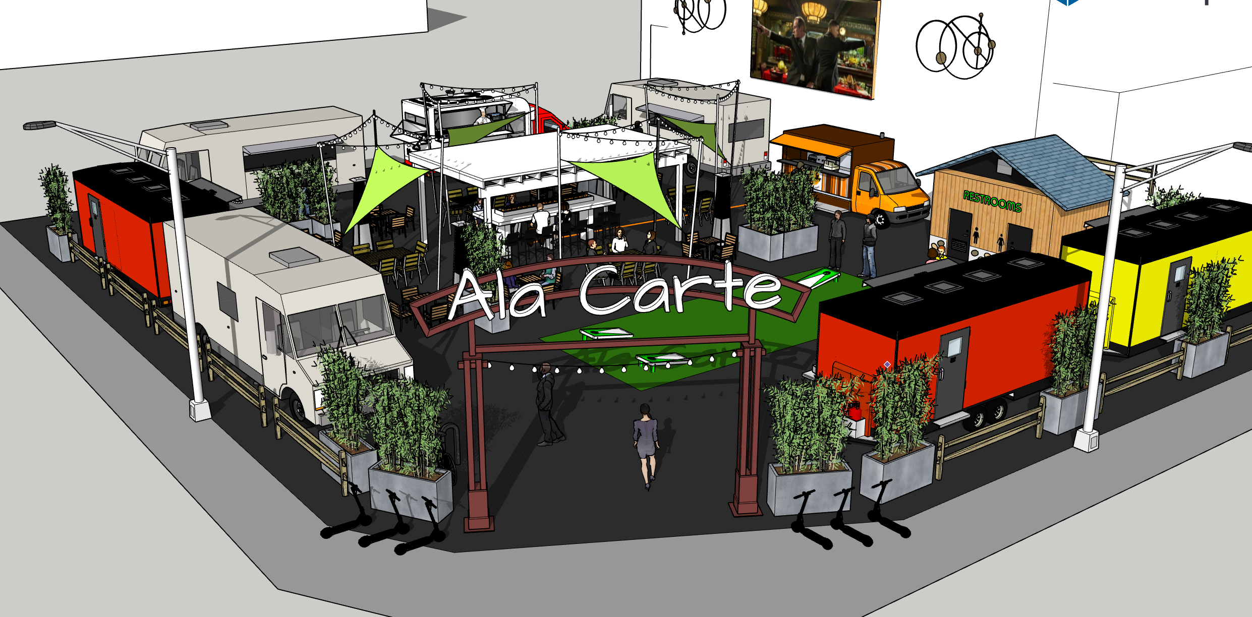 Concept rendering of the ALA' CARTE flexible vendor and gathering space in Chehalis.