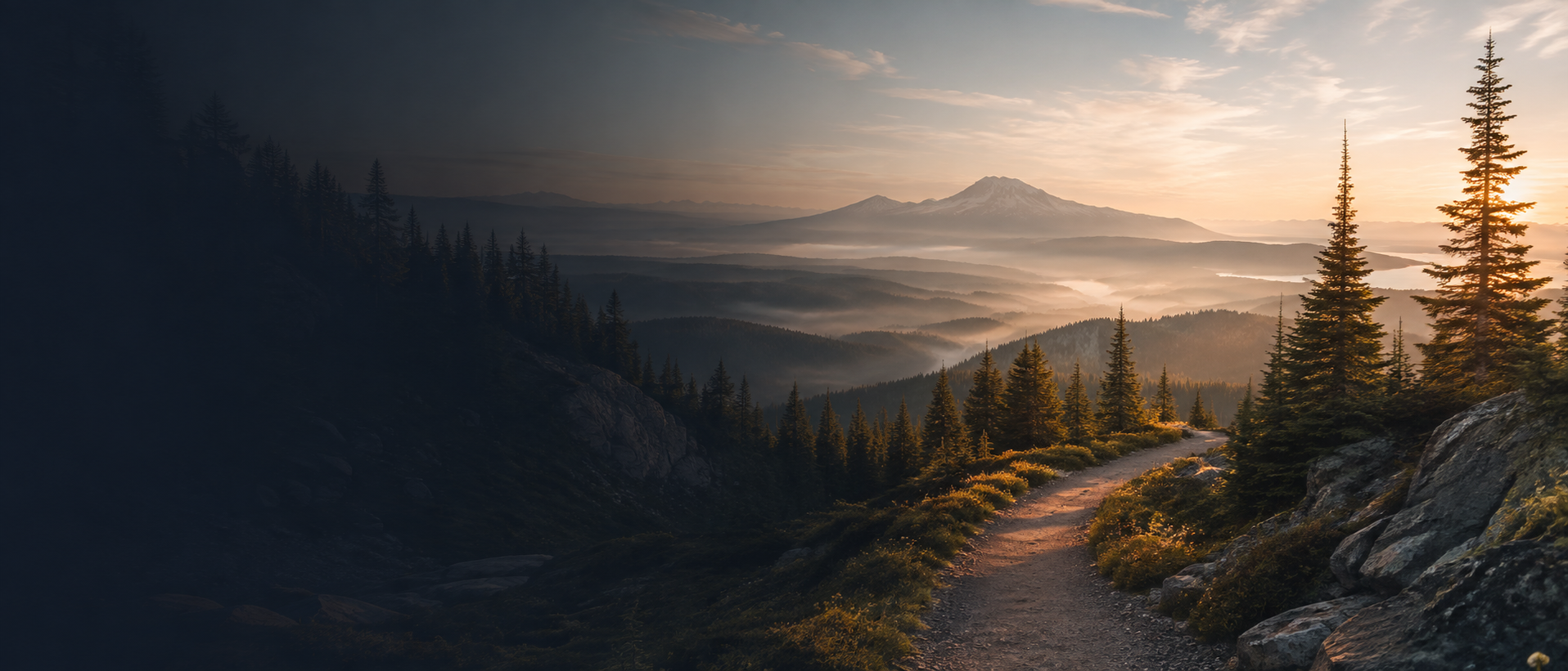 A mountain trail through evergreen forest at golden hour.