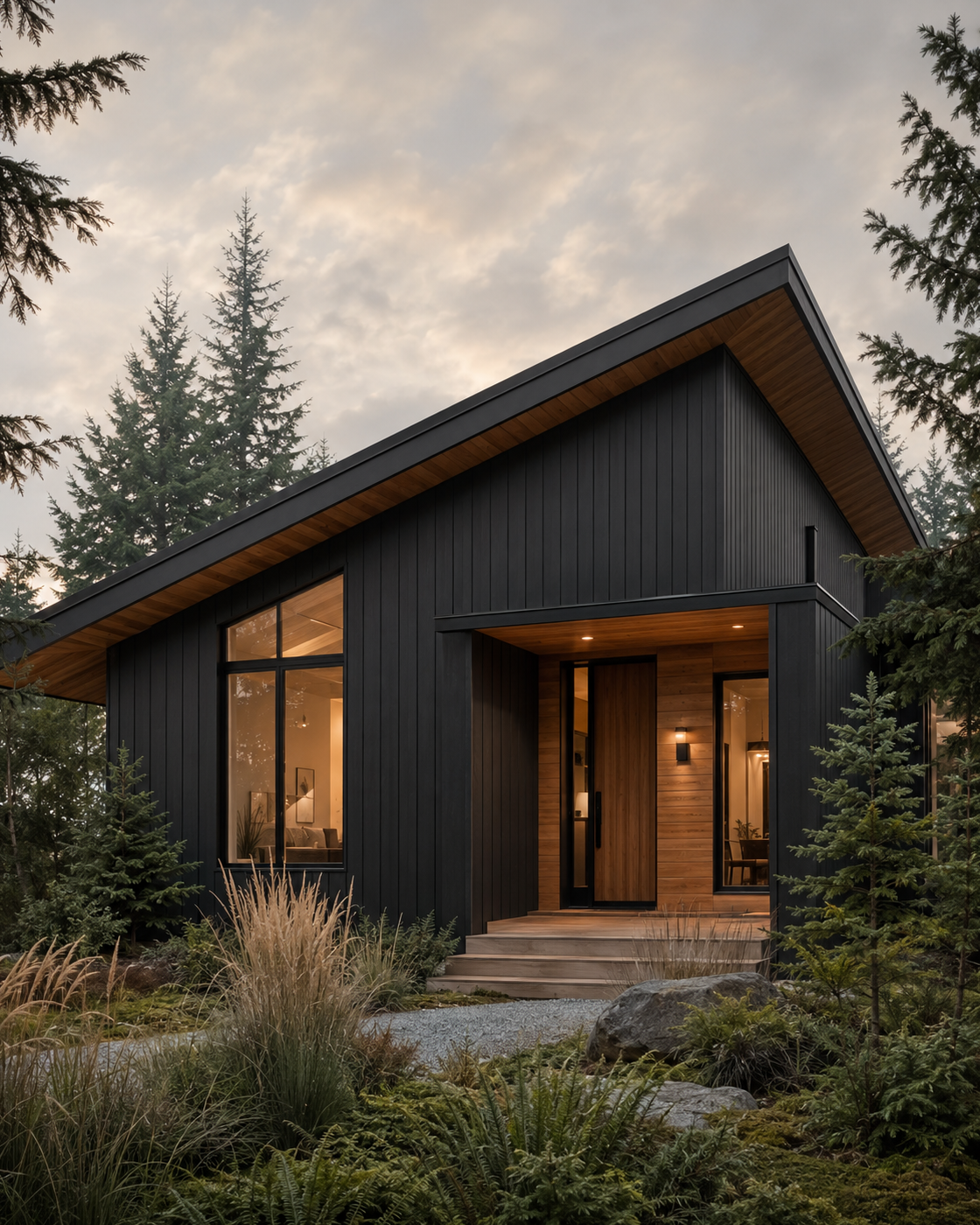 Modern black Maepora home with warm wood entry and evergreen trees