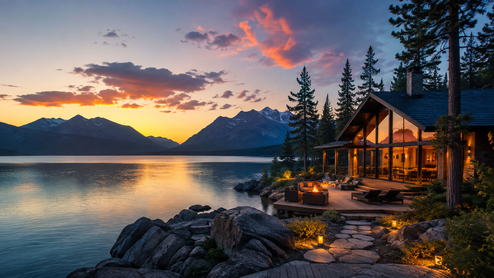 Scenic lakeside vacation home at sunset representing a Maepora stay.